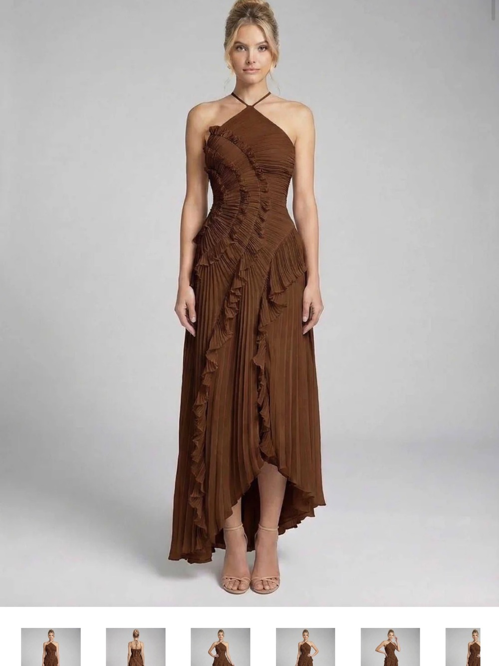 Brown Halter Ruffle Pleated Maxi Dress